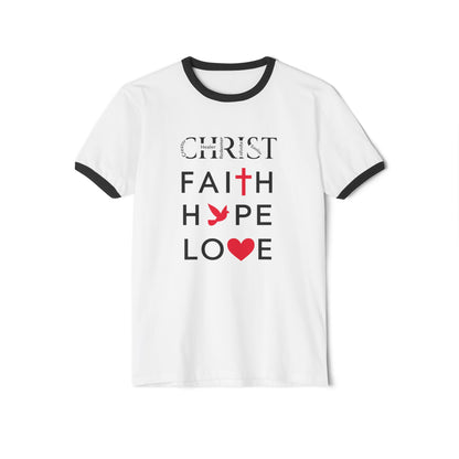 Christian Ringer T-Shirt — 'CHRIST' Front / 'JESUS' Back Religious Tee
