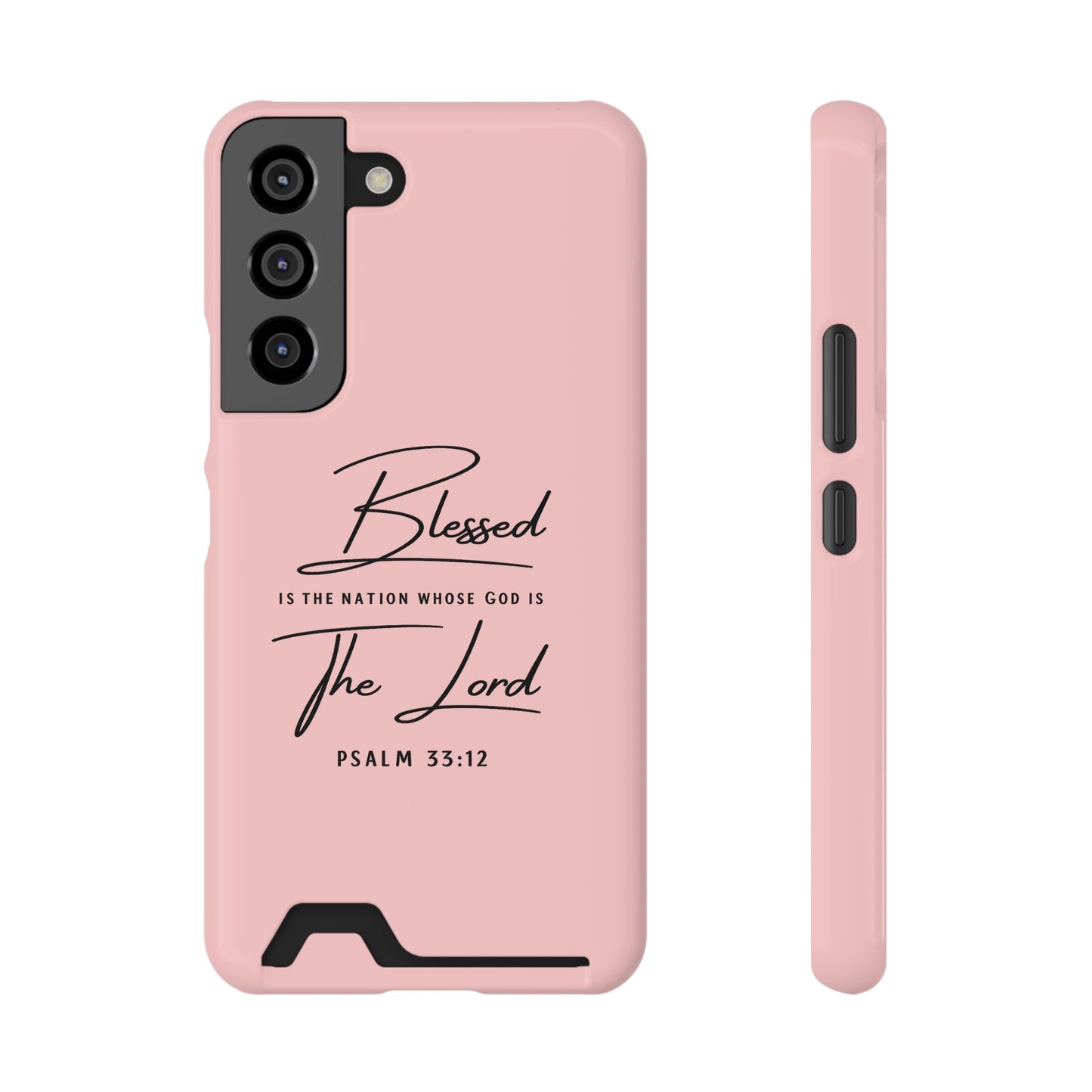 Blessed The Lord Pink Phone Case with Card Holder — Psalm 33:12 Christian Wallet Case