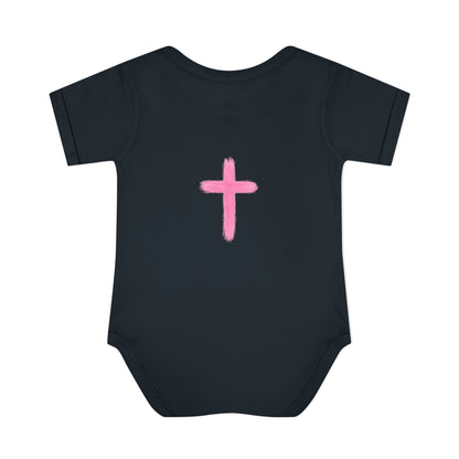 Infant Bodysuit – "God Is Within Her She Will Not Fall" Pink Cross Christian Baby Onesie