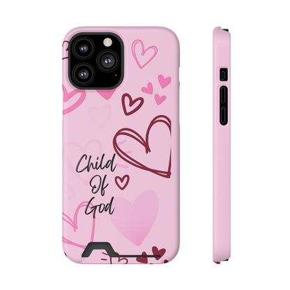 Pink "Child of God" Phone Card Case — Heart Pattern Religious Phone Case with Card Holder