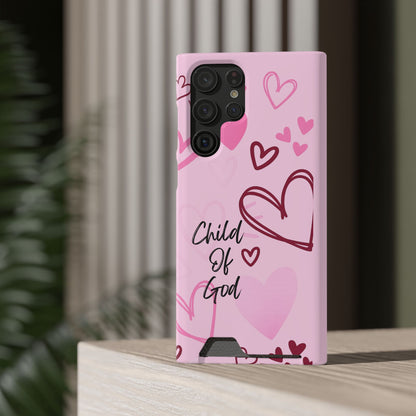 Pink "Child of God" Phone Card Case — Heart Pattern Religious Phone Case with Card Holder