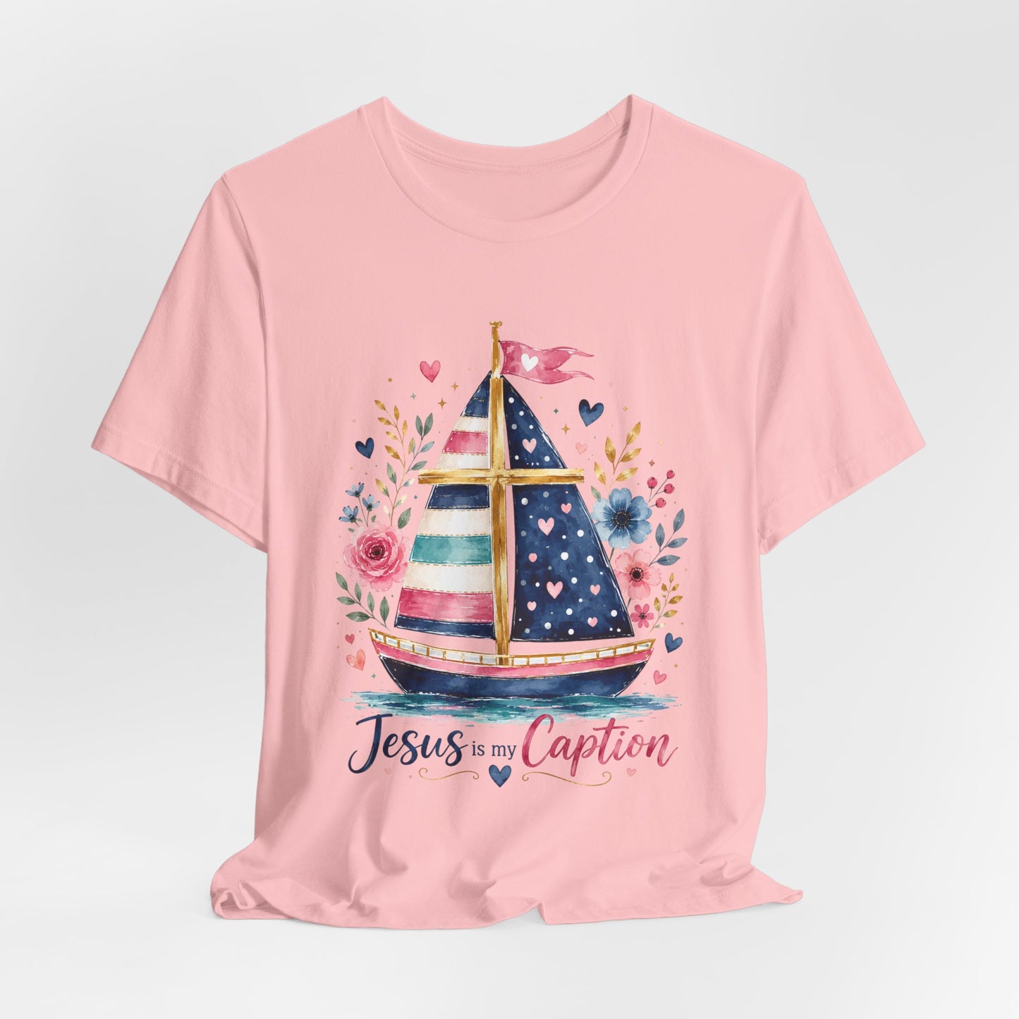 Jesus Is My Caption Sailboat T-Shirt — Floral Patriotic Christian Tee
