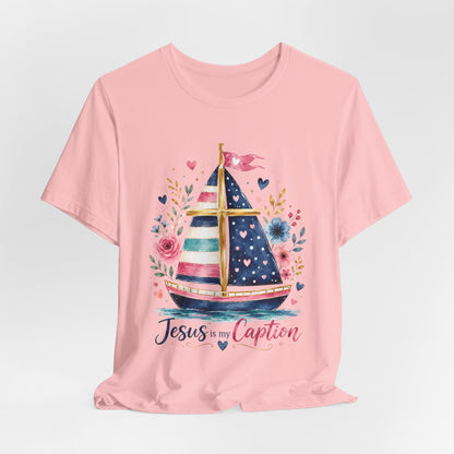 Jesus Is My Caption Sailboat T-Shirt — Floral Patriotic Christian Tee