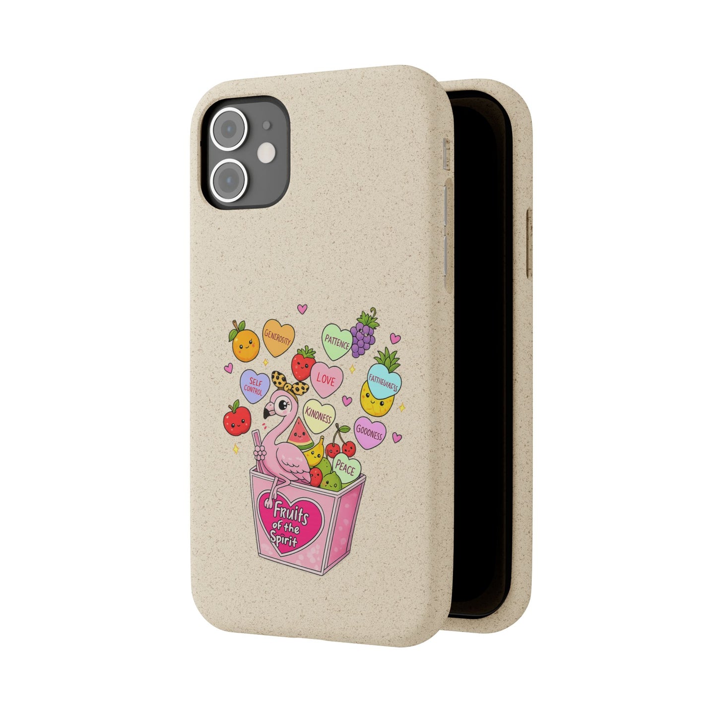 Biodegradable Phone Case — Cute Flamingo & Fruit Hearts "Fruity Love" Eco-Friendly iPhone Cover