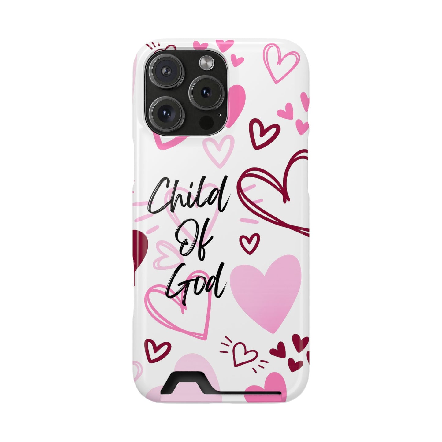 Phone Case — "Child of God" Card Holder Case, Pink Hearts Christian Phone Cover