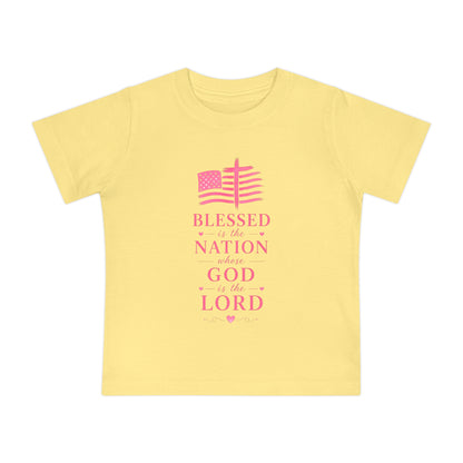Baby T-Shirt — Pink Christian Faith Design: “Blessed is the Nation” & Heart Alarm “God’s Timing is Perfect”