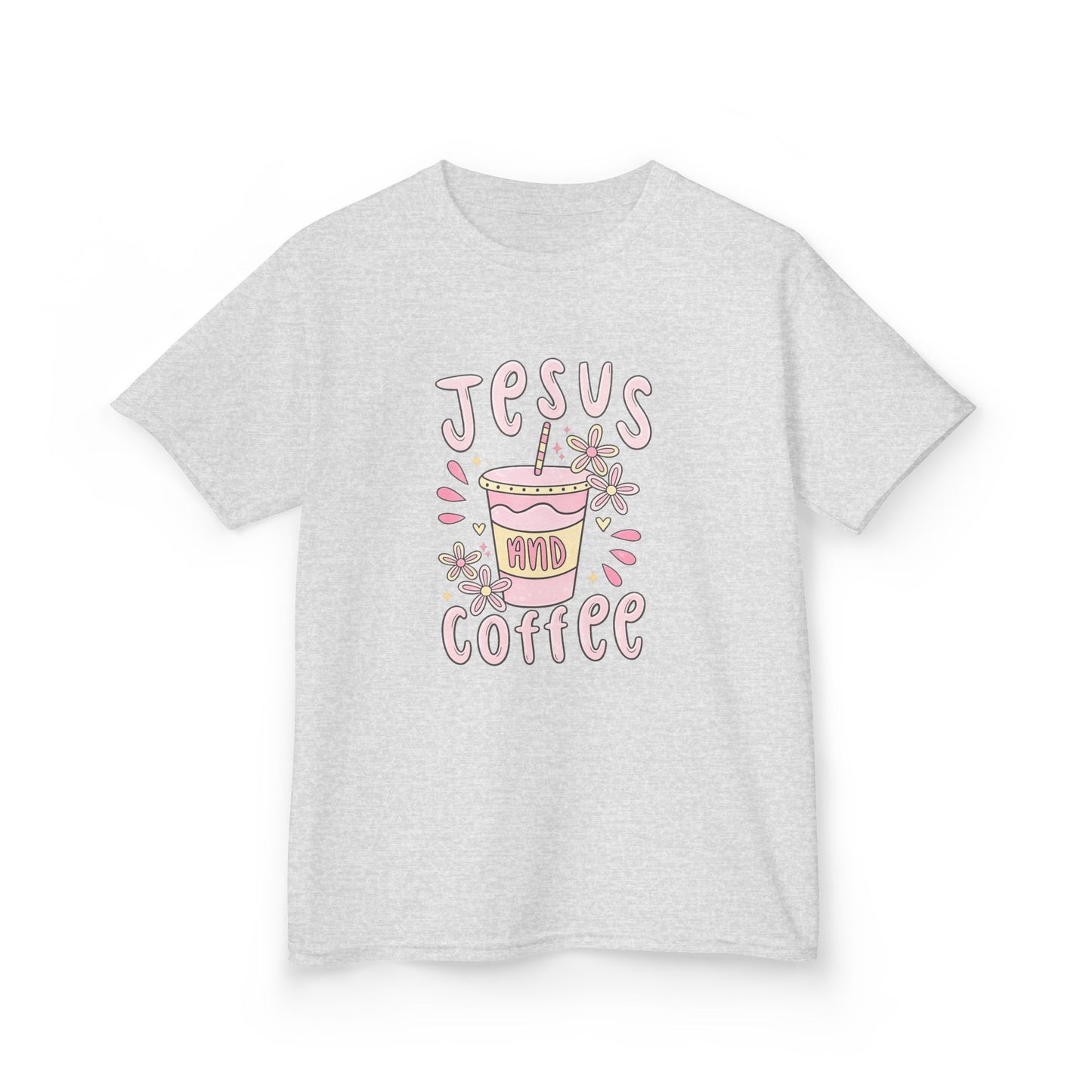 Kids Tee — “Jesus & Coffee” Cute Pastel Faith Graphic