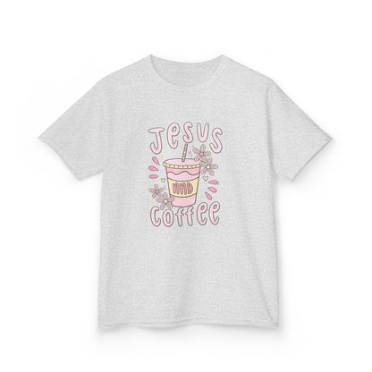 Kids Tee — “Jesus & Coffee” Cute Pastel Faith Graphic