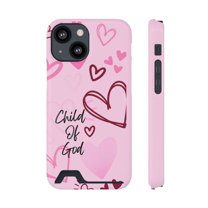 Pink "Child of God" Phone Card Case — Heart Pattern Religious Phone Case with Card Holder