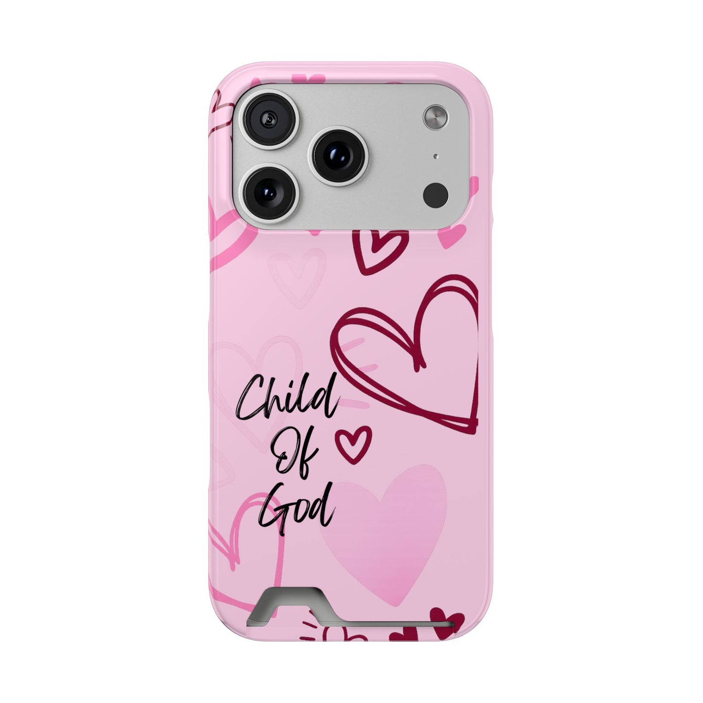 Pink "Child of God" Phone Card Case — Heart Pattern Religious Phone Case with Card Holder