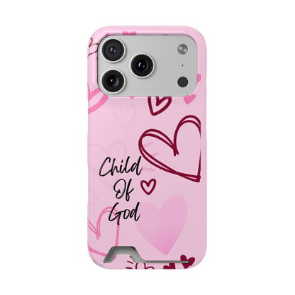 Pink "Child of God" Phone Card Case — Heart Pattern Religious Phone Case with Card Holder