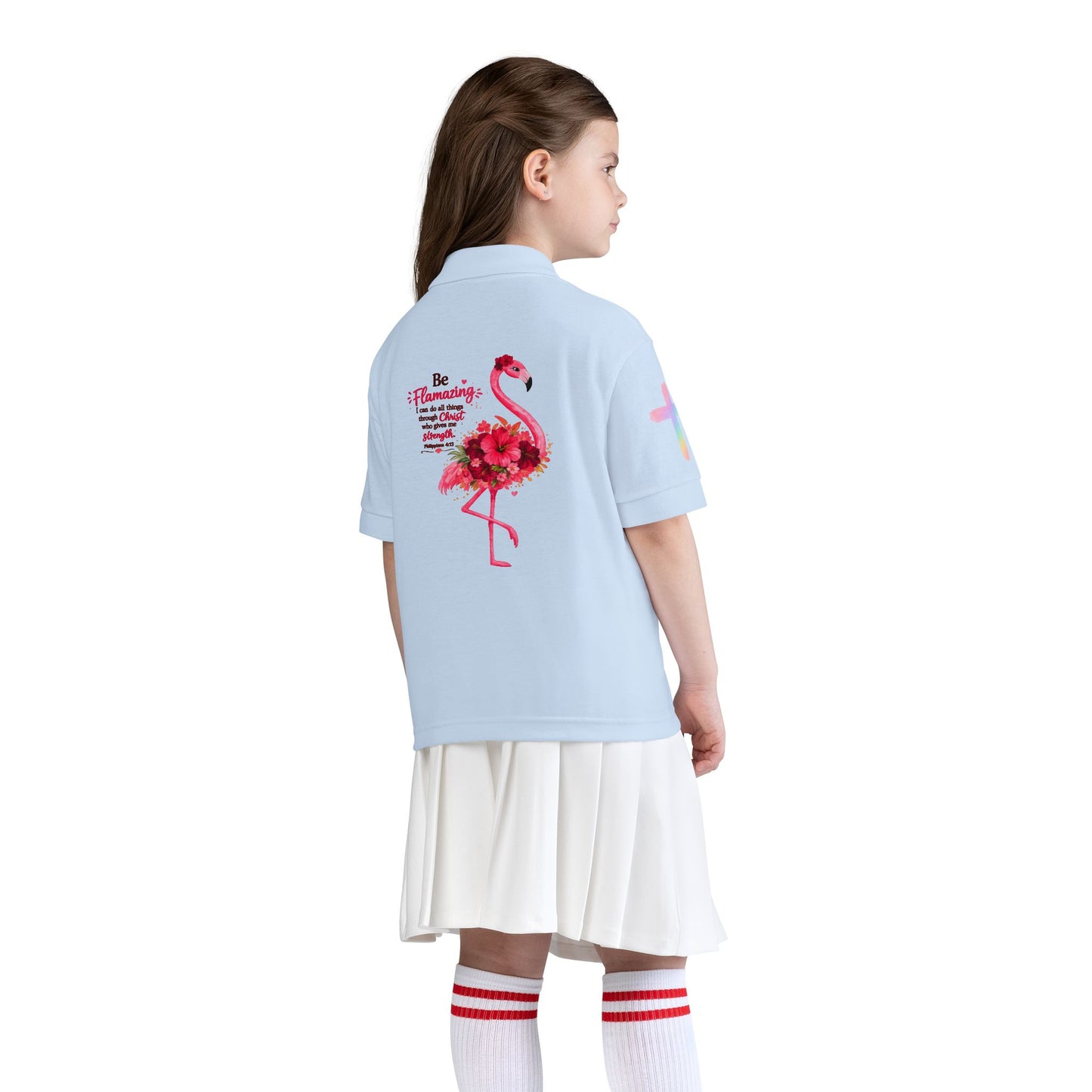 Youth Polo Shirt — Pink Floral Flamingo Kids' Polo (Hearts & Colorful Sleeves)