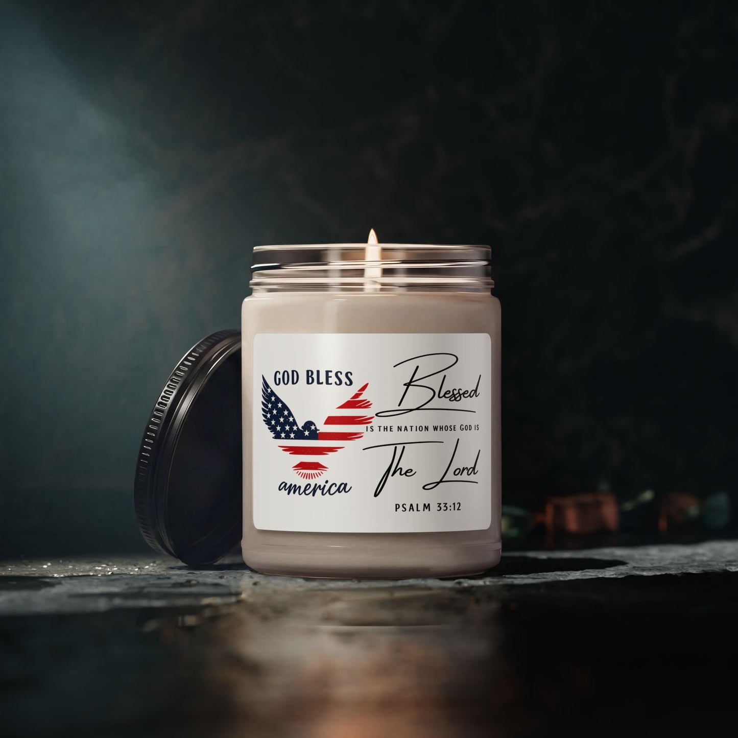 God Bless America Soy Candle — Patriotic Psalm 33:12 Scented 9oz Jar