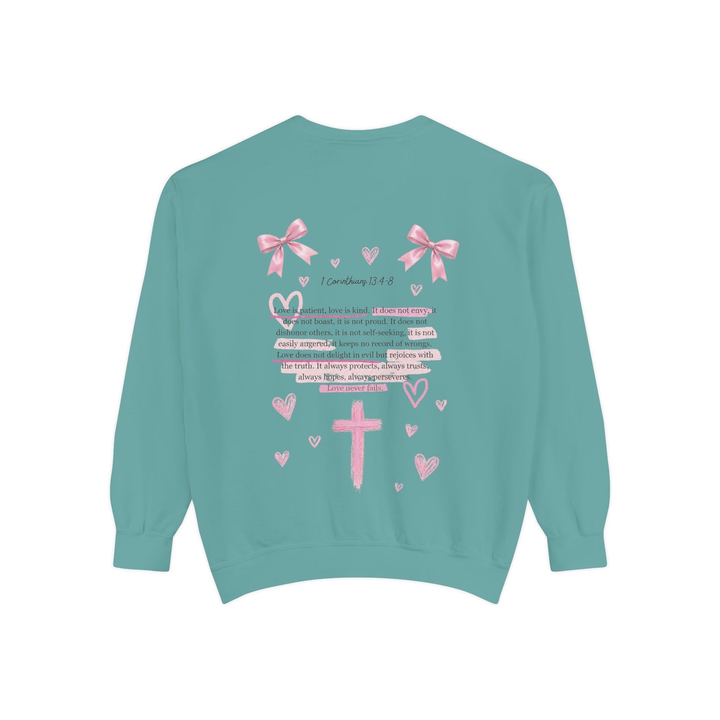 Christian Cross Sweatshirt — Pink Faith Message Garment-Dyed Crewneck