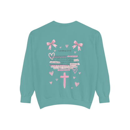 Christian Cross Sweatshirt — Pink Faith Message Garment-Dyed Crewneck