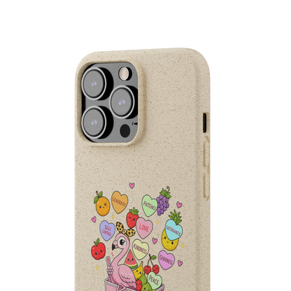 Biodegradable Phone Case — Cute Flamingo & Fruit Hearts "Fruity Love" Eco-Friendly iPhone Cover