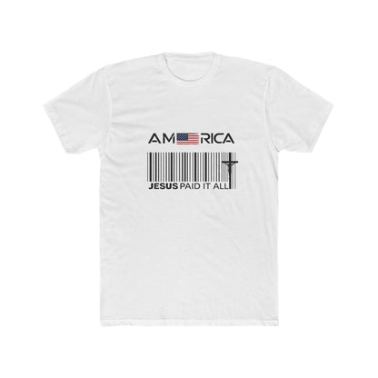 America Barcode Cross T-Shirt – "Jesus Paid It All" Christian Faith Tee