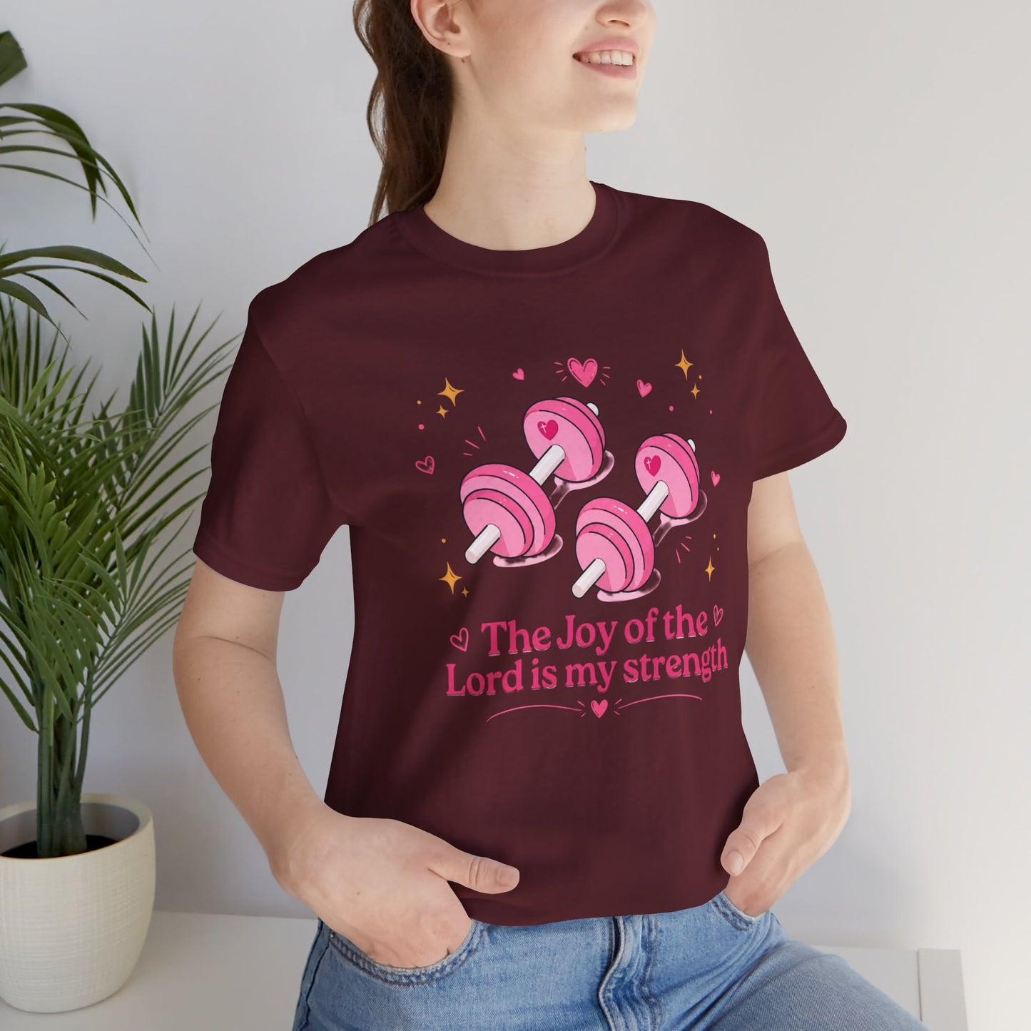 Christian Fitness T-Shirt — “The Joy of the Lord is My Strength” Pink Dumbbells Tee
