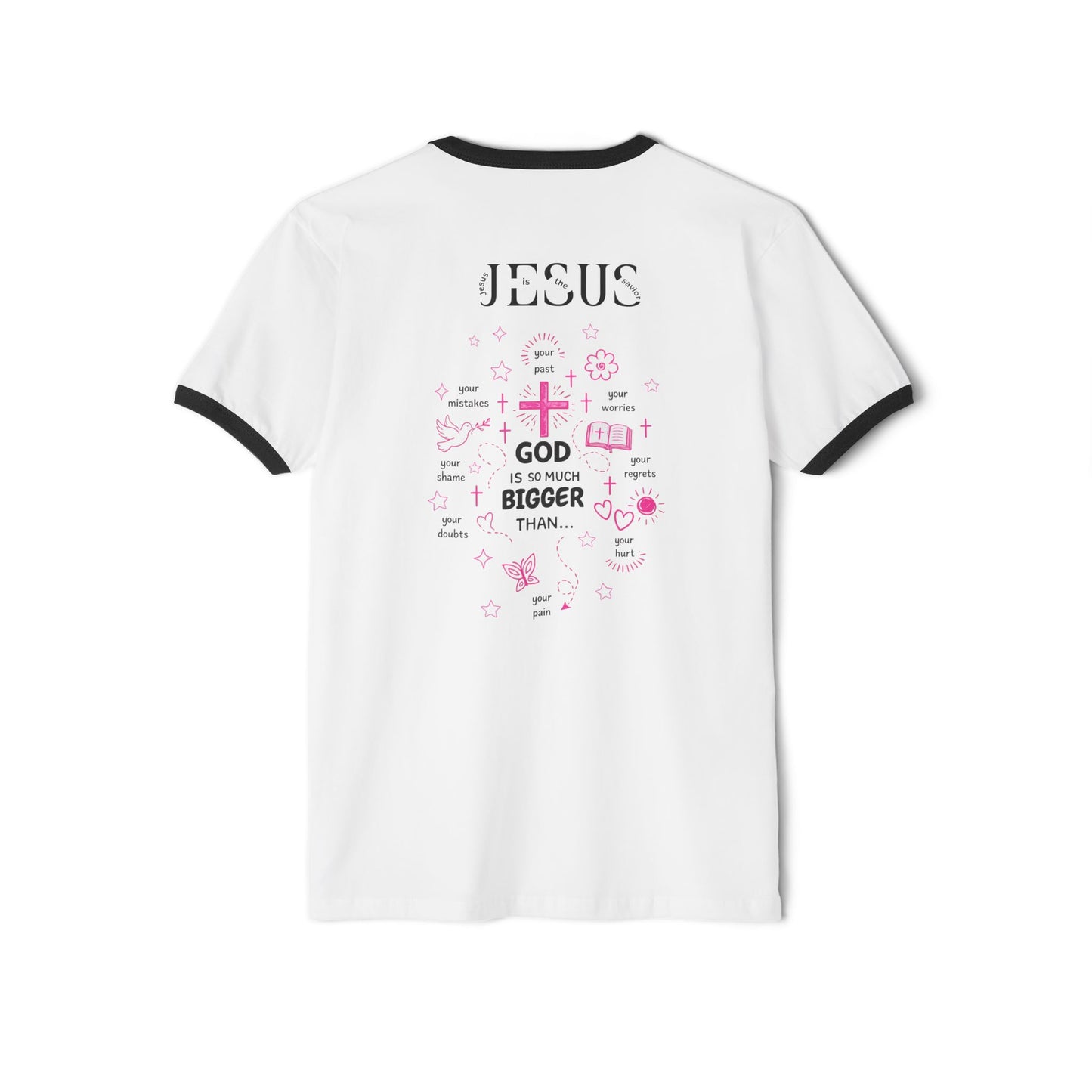 Christian Ringer T-Shirt — 'CHRIST' Front / 'JESUS' Back Religious Tee