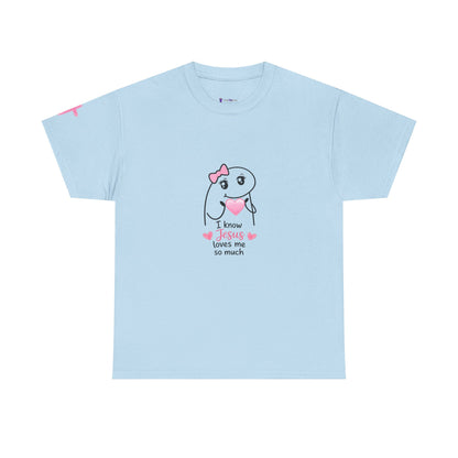 She Is Worthy T-Shirt — "I Know Jesus Loves Me" Pink Bow Christian Tee (Proverbs 31)