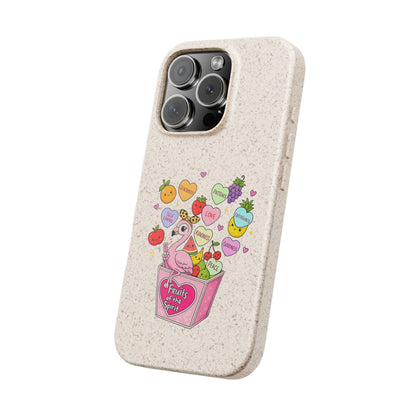 Biodegradable Phone Case — Cute Flamingo & Fruit Hearts "Fruity Love" Eco-Friendly iPhone Cover