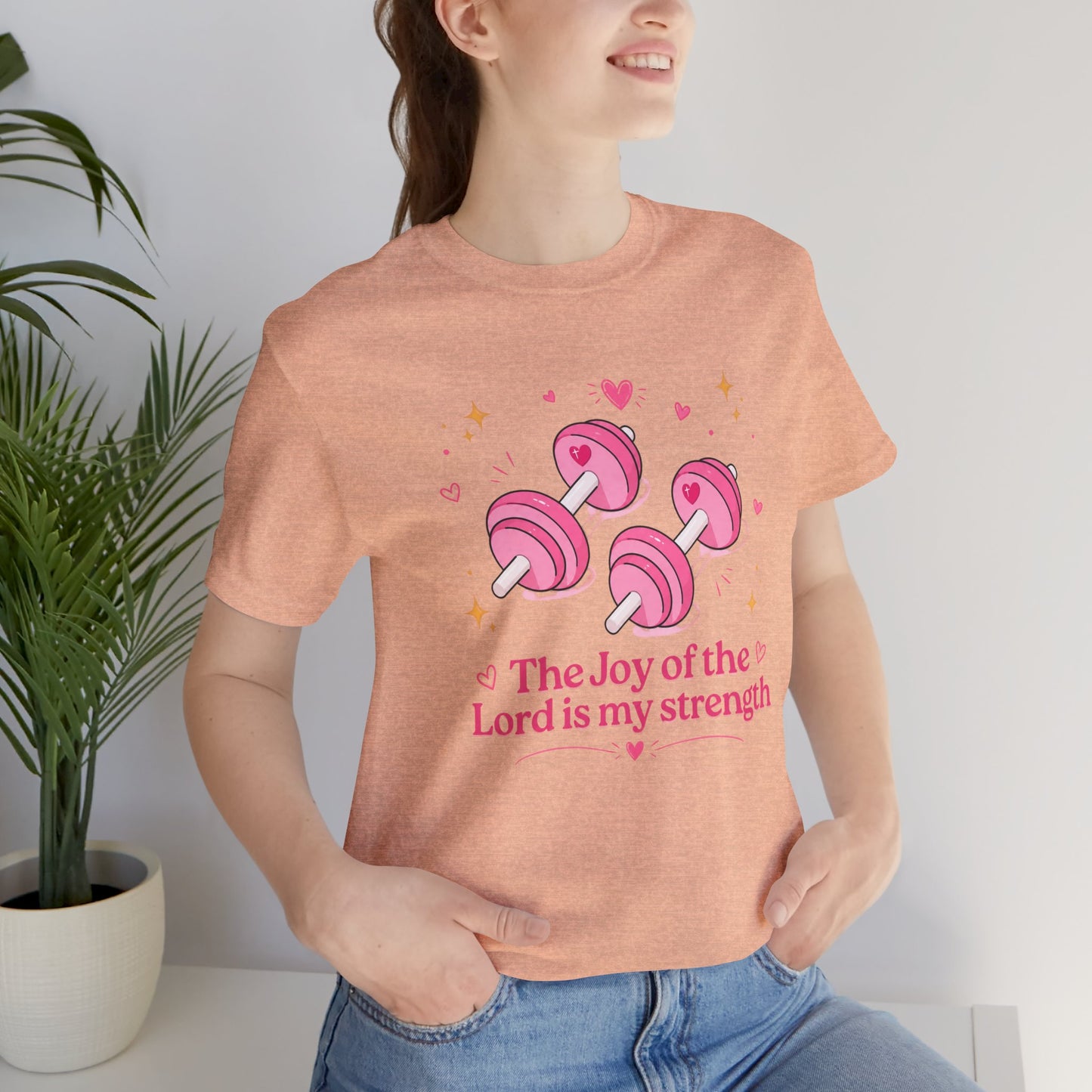 Christian Fitness T-Shirt — “The Joy of the Lord is My Strength” Pink Dumbbells Tee
