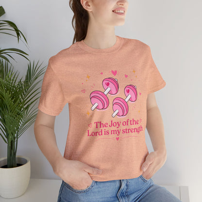 Christian Fitness T-Shirt — “The Joy of the Lord is My Strength” Pink Dumbbells Tee
