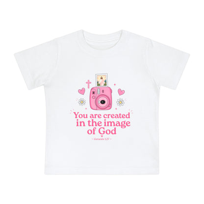 Baby T-Shirt — "You Are Created in the Image of God" Pink Camera Christian Tee