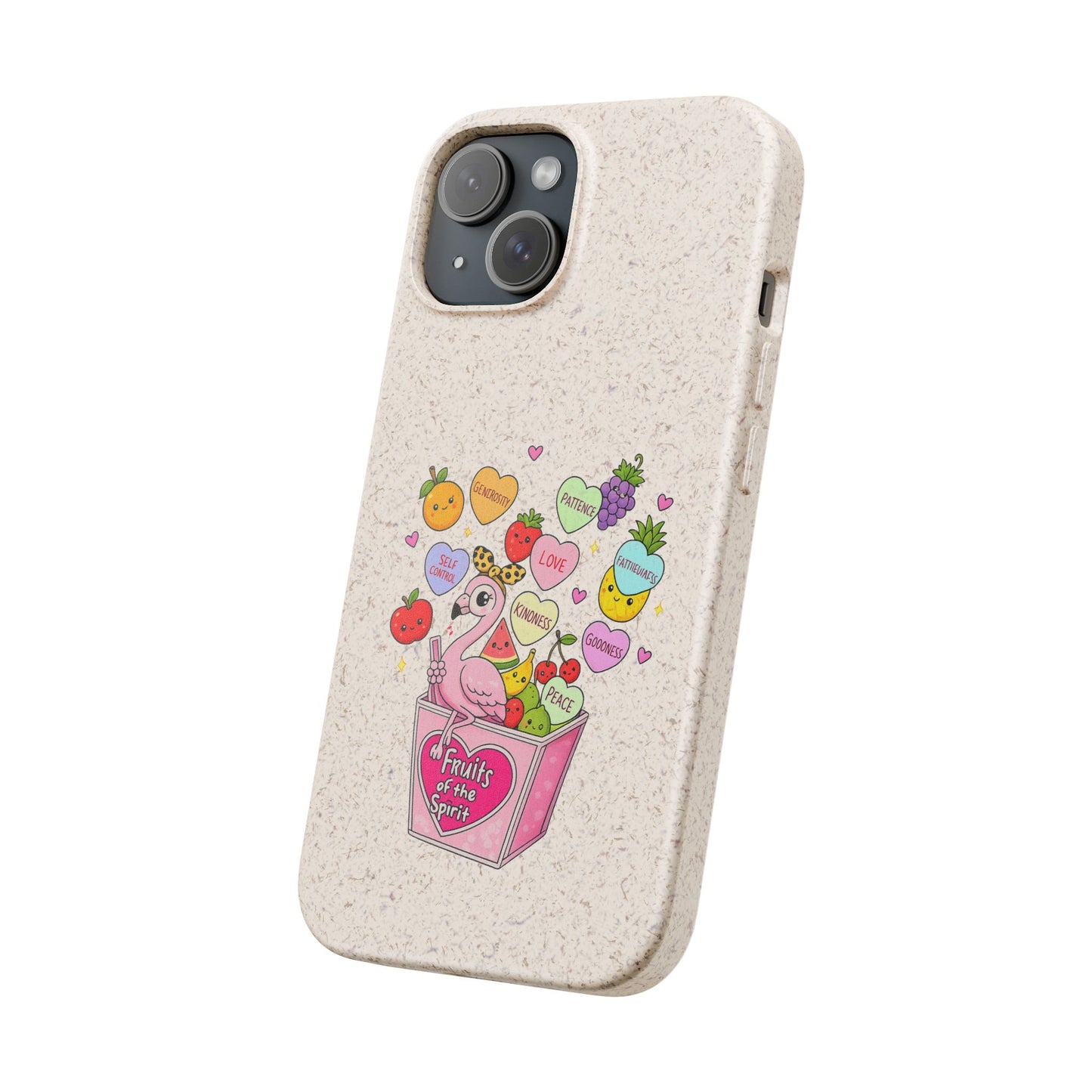 Biodegradable Phone Case — Cute Flamingo & Fruit Hearts "Fruity Love" Eco-Friendly iPhone Cover