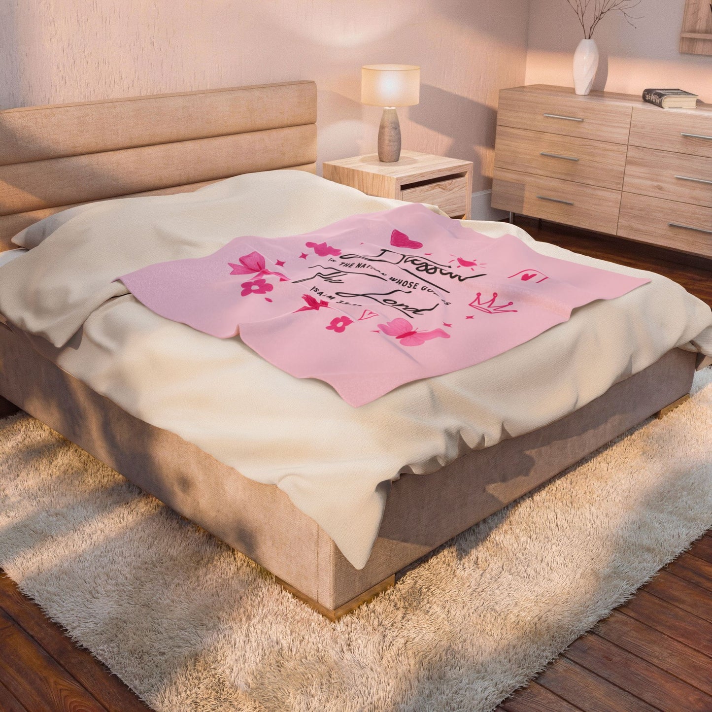Blessed by the Lord Velveteen Plush Blanket — Pink Christian Scripture Psalm 33:12 Throw
