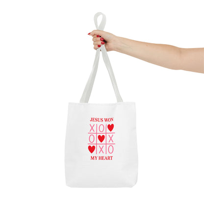 Tote Bag — "Jesus Won My Heart" Christian Scripture Heart Tic‑Tac‑Toe Design