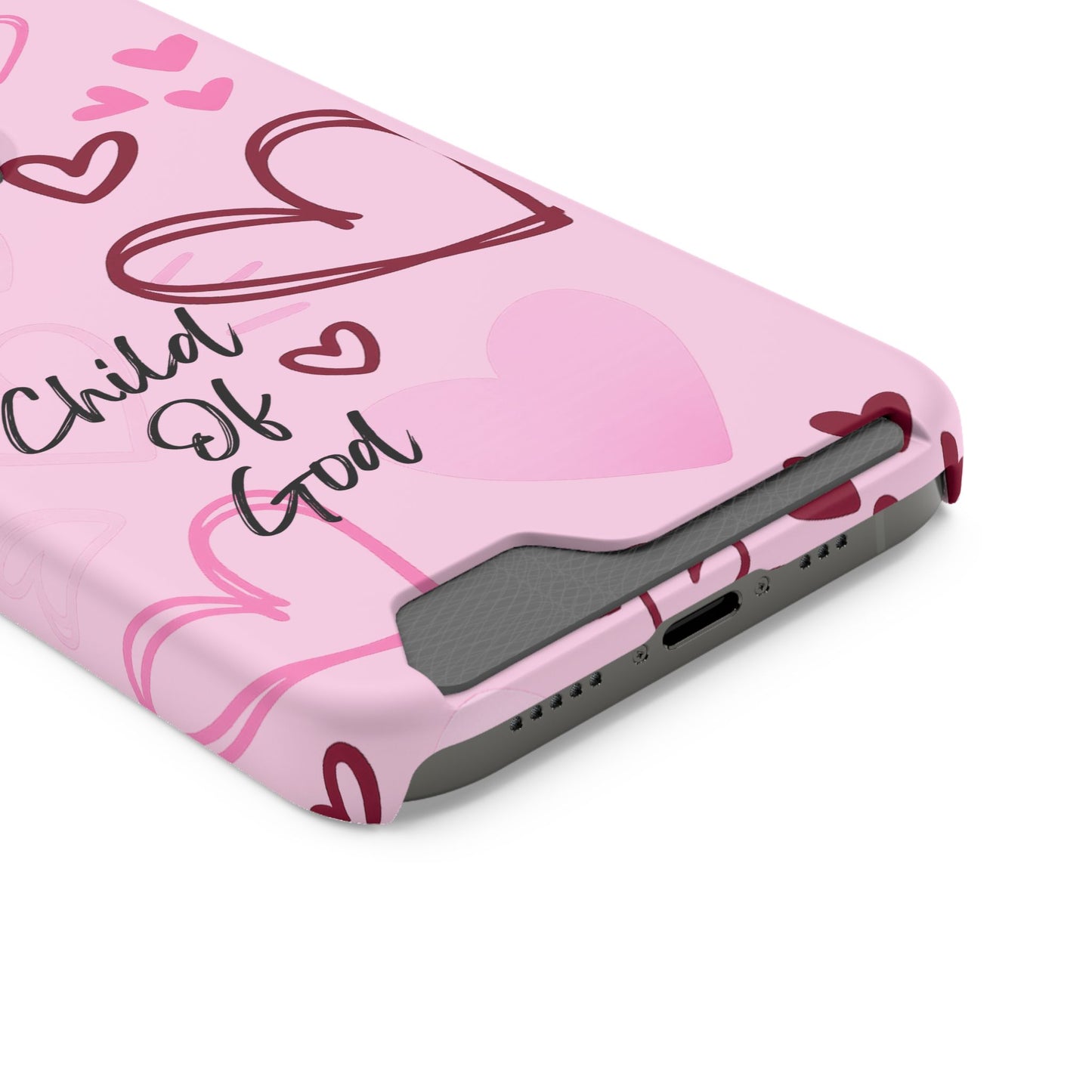 Pink "Child of God" Phone Card Case — Heart Pattern Religious Phone Case with Card Holder