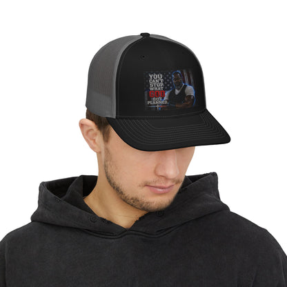 Men's Trucker Cap – "You Can't Stop What God Got Planned" Inspirational Patch Snapback
