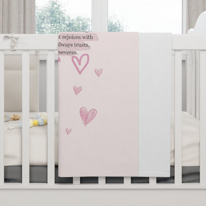 Baby Blanket — Pink ‘1 Corinthians 13:4-8’ Faith Cross with Hearts & Bows