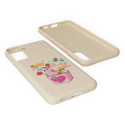 Biodegradable Phone Case — Cute Flamingo & Fruit Hearts "Fruity Love" Eco-Friendly iPhone Cover