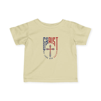 Infant Tee — "Christ Is Lord" Red & Blue Cross Baby Shirt
