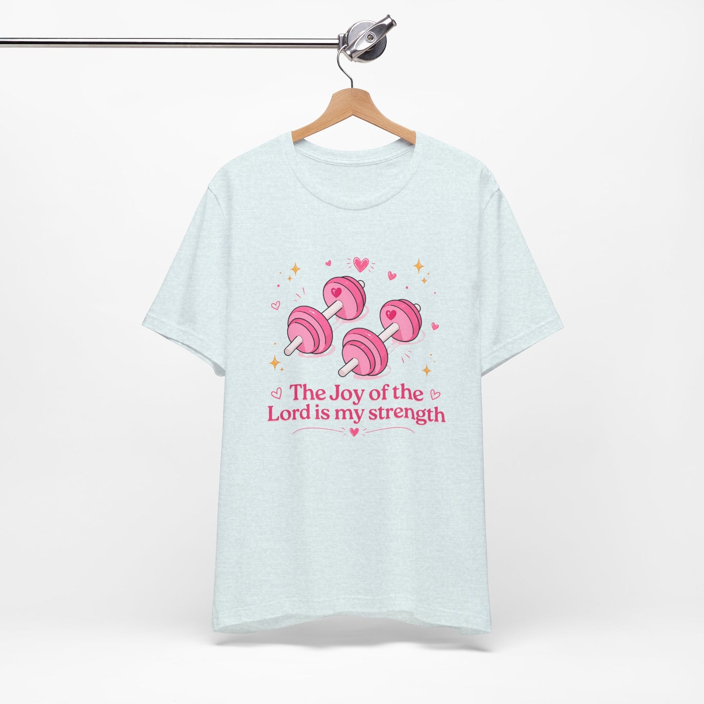 Christian Fitness T-Shirt — “The Joy of the Lord is My Strength” Pink Dumbbells Tee