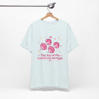 Christian Fitness T-Shirt — “The Joy of the Lord is My Strength” Pink Dumbbells Tee