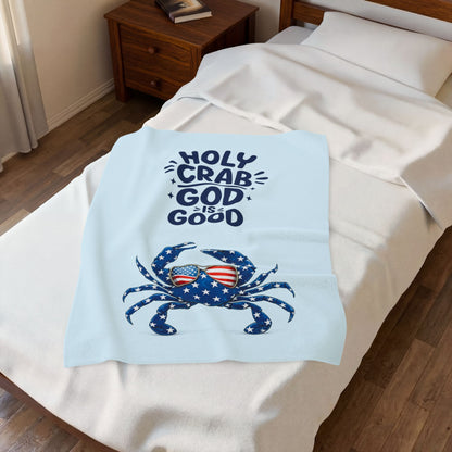 Velveteen Plush Blanket - "Holy Crab God Is Good" Patriotic Crab Throw (4th of July, Coastal Beach Gift)