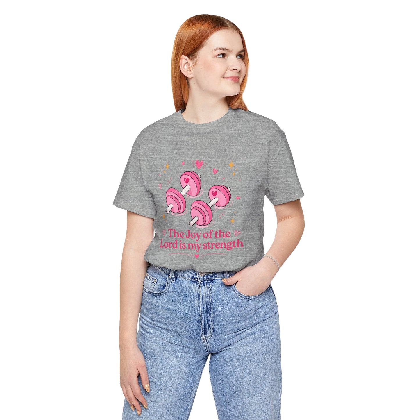Christian Fitness T-Shirt — “The Joy of the Lord is My Strength” Pink Dumbbells Tee