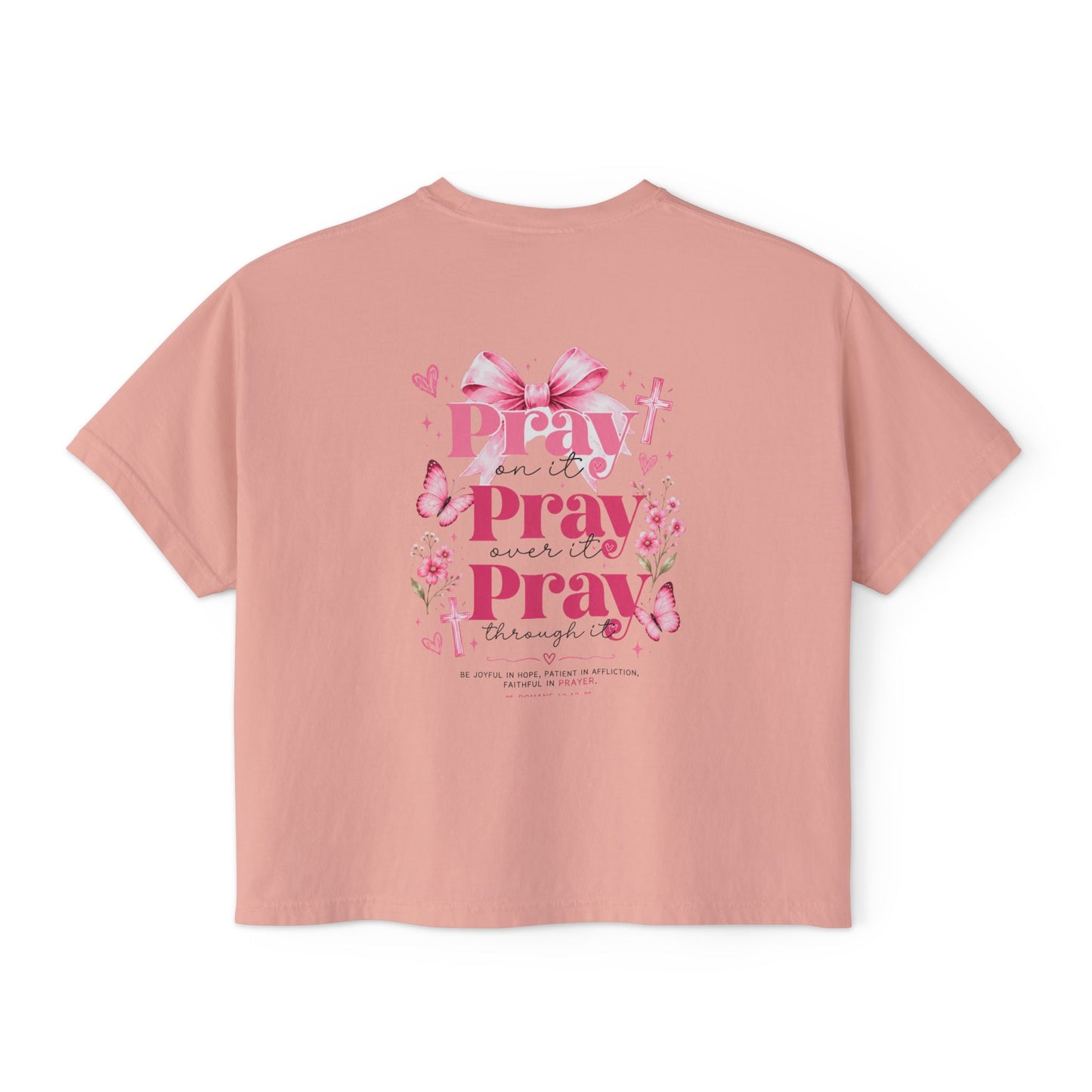 Women's Boxy Tee — Pink Floral Cross "Pray" Christian Graphic Shirt
