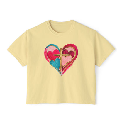 Heart Cross Women's Boxy Tee — Colorful Watercolor Heart Graphic