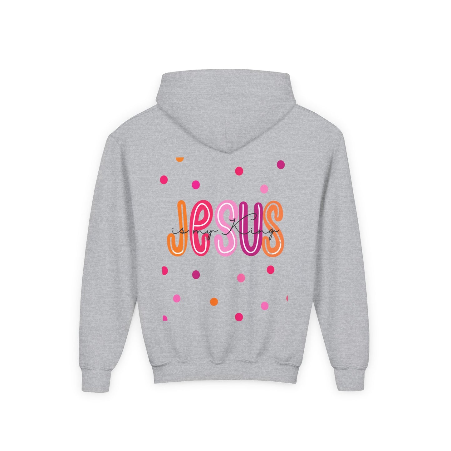 Youth Hoodie — “Jesus” Colorful Polka Dot Christian Pullover
