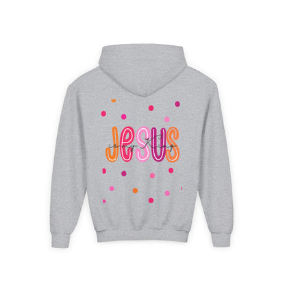 Youth Hoodie — “Jesus” Colorful Polka Dot Christian Pullover