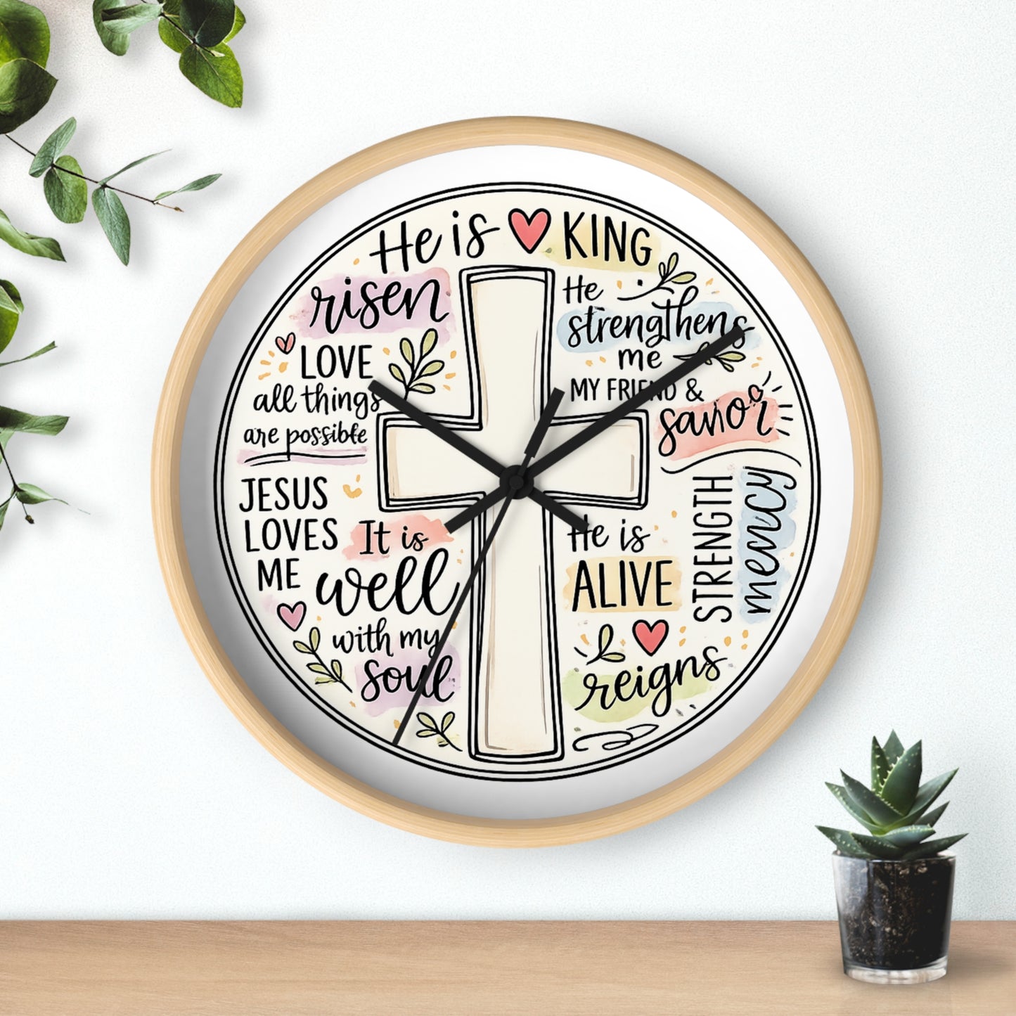 Christian Cross Wall Clock — Inspirational Scripture Quote Home Decor (He is Risen • It Is Well • Jesus Loves Me)