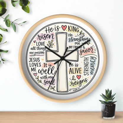 Christian Cross Wall Clock — Inspirational Scripture Quote Home Decor (He is Risen • It Is Well • Jesus Loves Me)