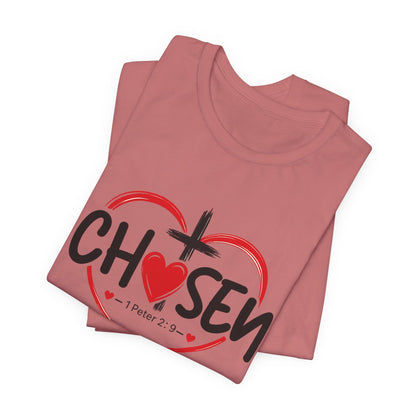 Chosen Heart Christian T-Shirt — "Chosen" with Cross & 1 Peter 2:9 Faith Tee