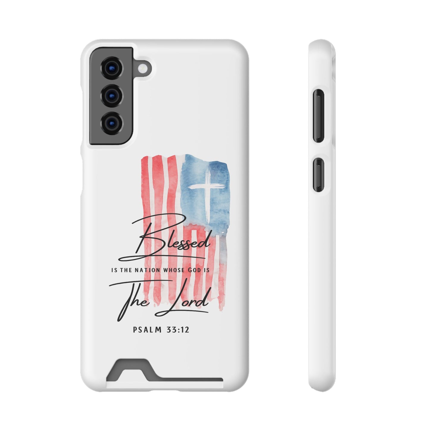 Christian Phone Case with Card Holder — "Blessed The Lord" Psalm 33:12 Patriotic Cross Design