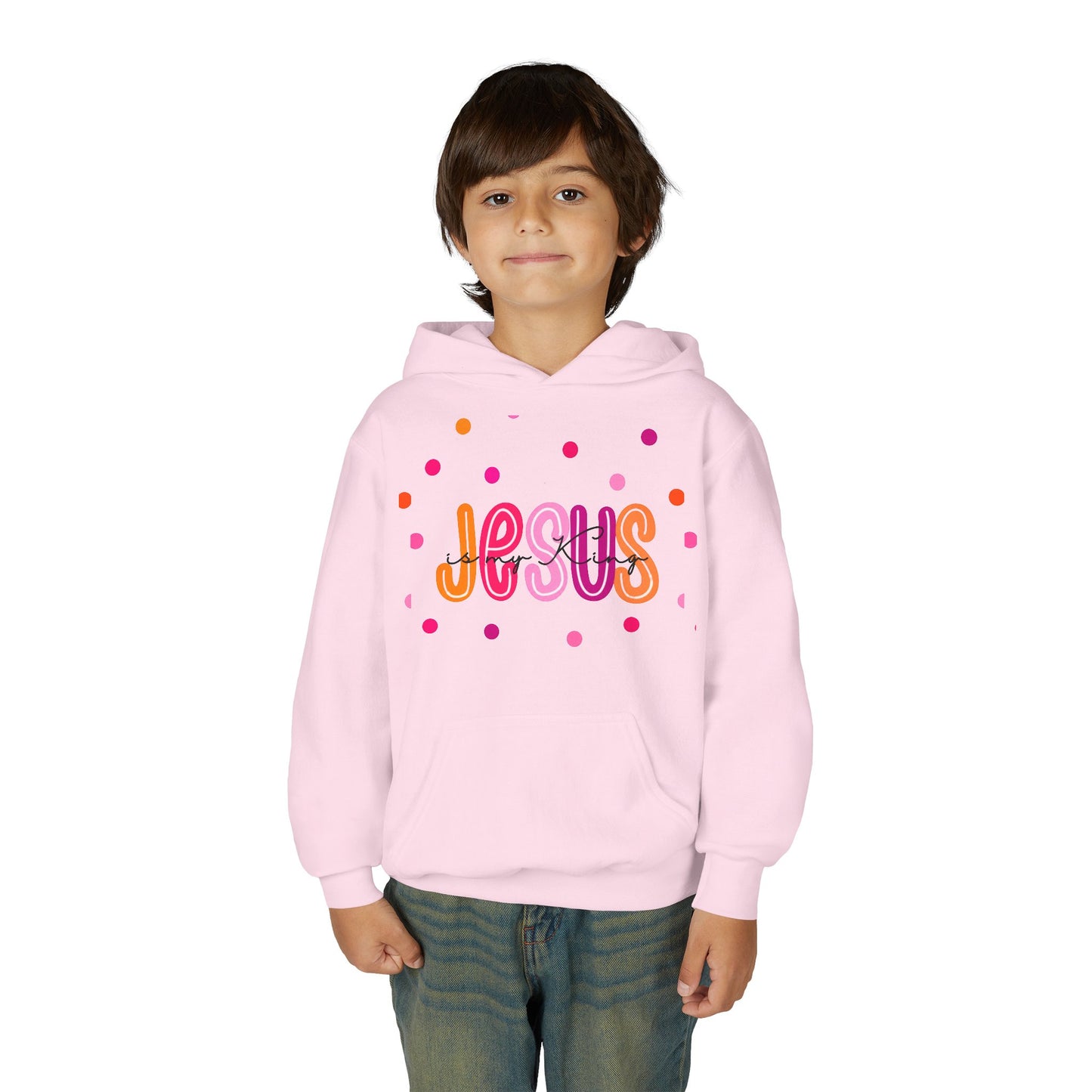 Youth Hoodie — “Jesus” Colorful Polka Dot Christian Pullover