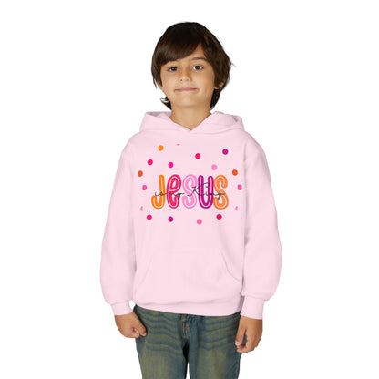 Youth Hoodie — “Jesus” Colorful Polka Dot Christian Pullover